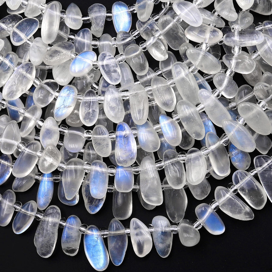 AAA Natural Rainbow Moonstone Beads Freeform Oval Drop Nuggets Top Side Drilled Gemstone 15.5" Strand