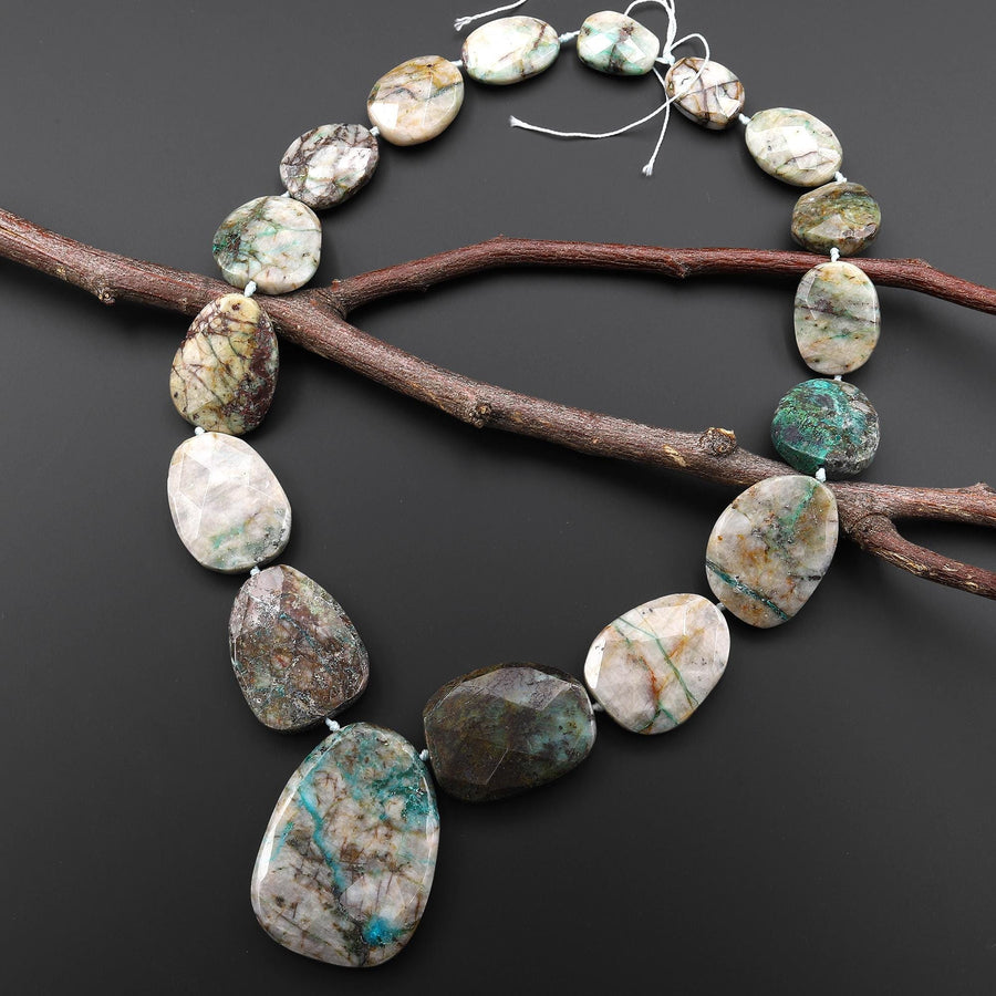 Graduating Faceted Natural Chrysocolla in Quartz Pendant Beads Necklace Set 17" Strand A1