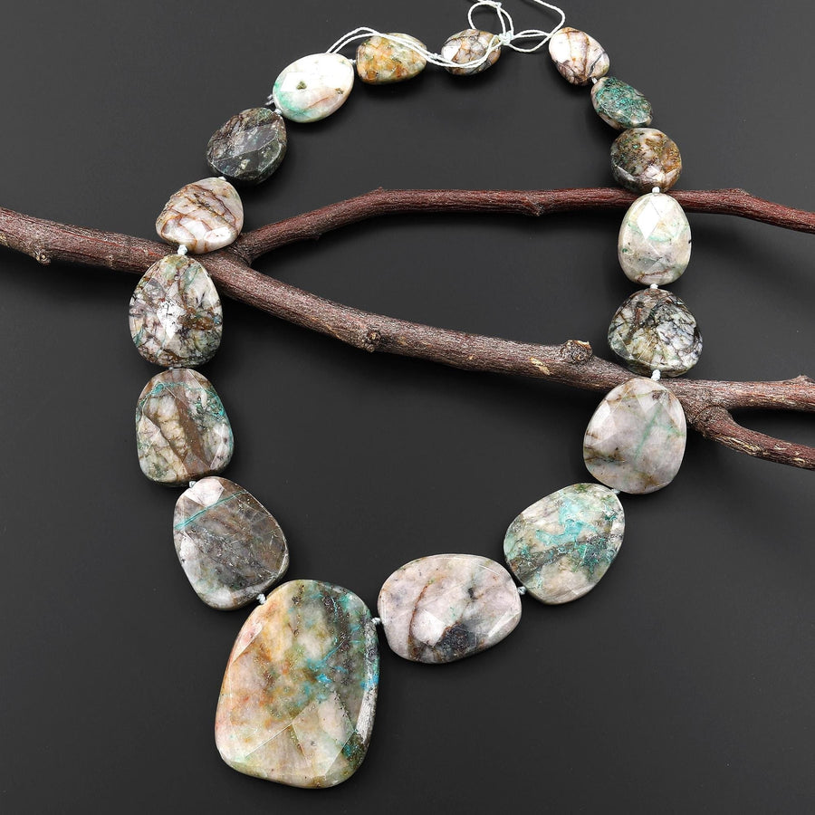 Graduating Faceted Natural Chrysocolla in Quartz Pendant Beads Necklace Set 17" Strand A2