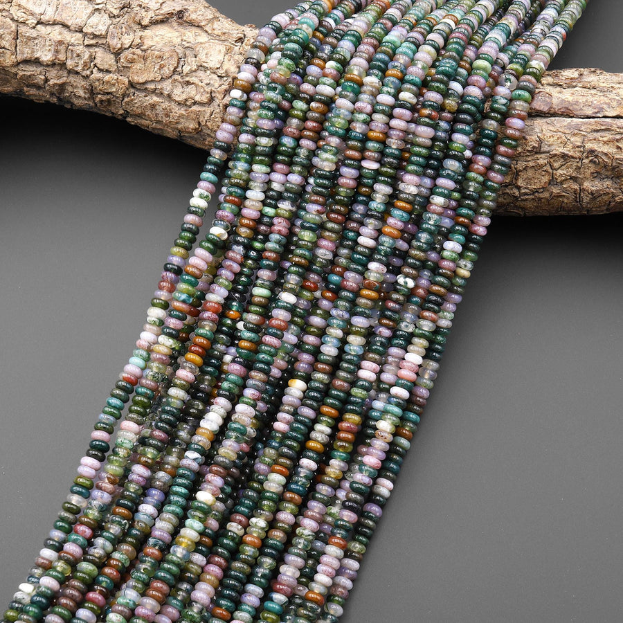Natural Indian Agate 4mm Smooth Rondelle Beads Mauve Pink Forest Green Colors 15.5" Strand