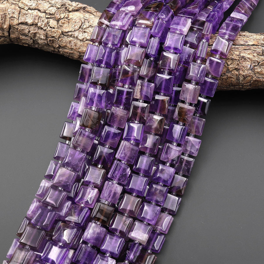 AAA Natural Purple Amethyst Smooth Square Beads w/ Grooved Line Around 16" Strand