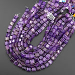 AAA Natural Purple Amethyst Smooth Square Beads w/ Grooved Line Around 16" Strand