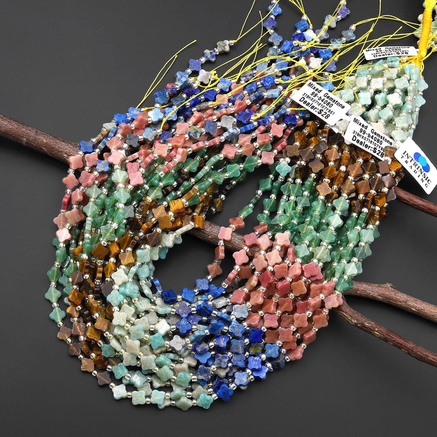 4 Four Leaf Clover Mixed Natural Gemstone Beads Natural Amazonite Tiger's Eye Aventurine Petrified Rhodonite Lapis 7mm 8mm 15.5" Strand