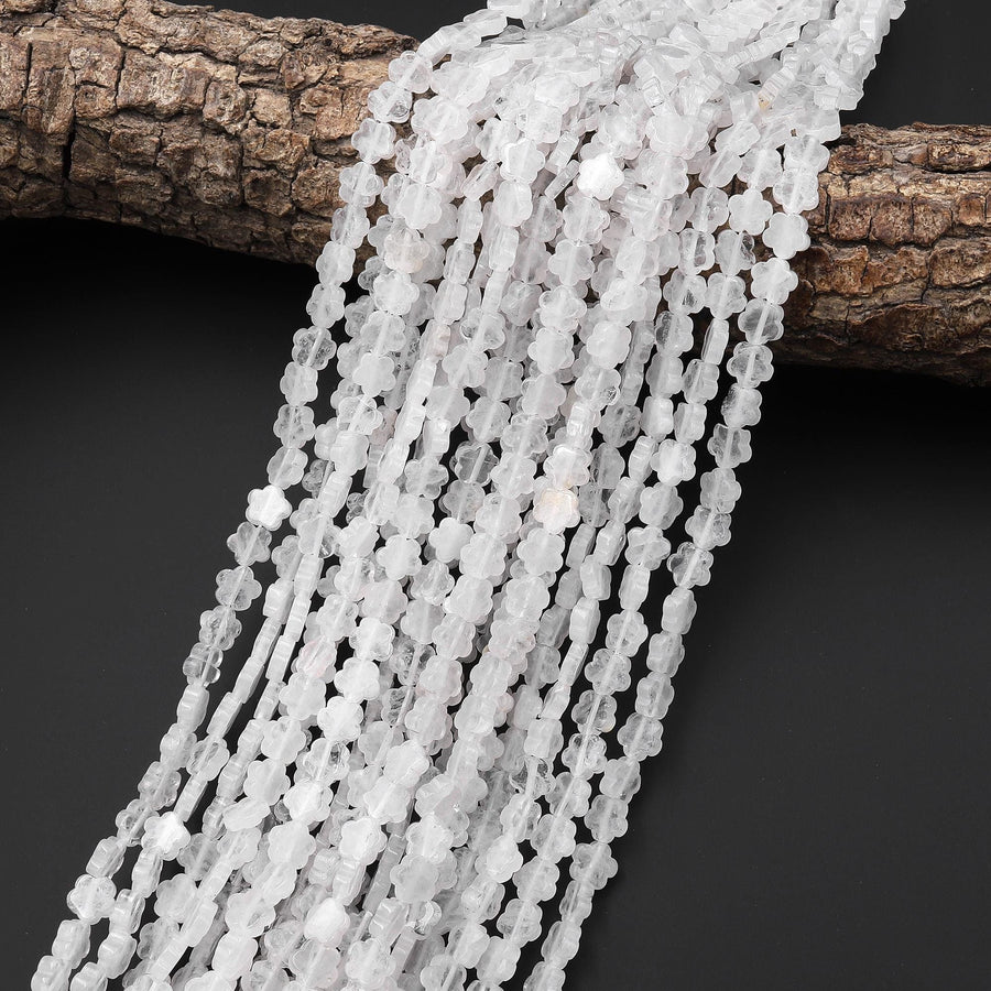 Natural White Rock Quartz Cherry Blossom Flower Beads 6mm Carved Gemstone 15.5" Strand