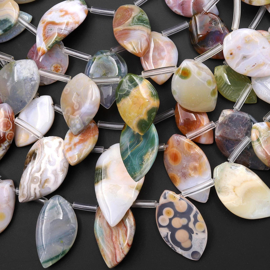 Natural Ocean Jasper Beads Top Side Drilled Leaf Teardrop Vibrant Green Yellow Red Orbs Eyes 15.5" Strand