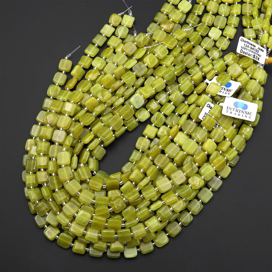 Natural Chartreuse Jade Smooth Square Beads 10mm Gemstone 15.5" Strand