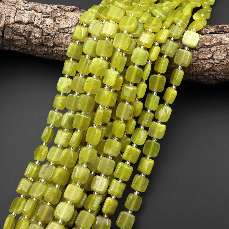 Natural Chartreuse Jade Smooth Square Beads 10mm Gemstone 15.5" Strand
