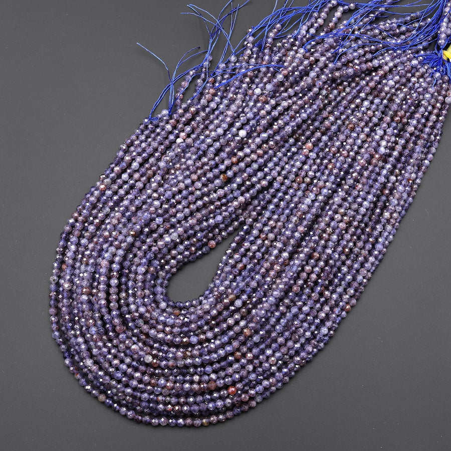 Rare Faceted Natural Sunstone Iolite 3mm 4mm Round Gemstone Beads 15.5" Strand