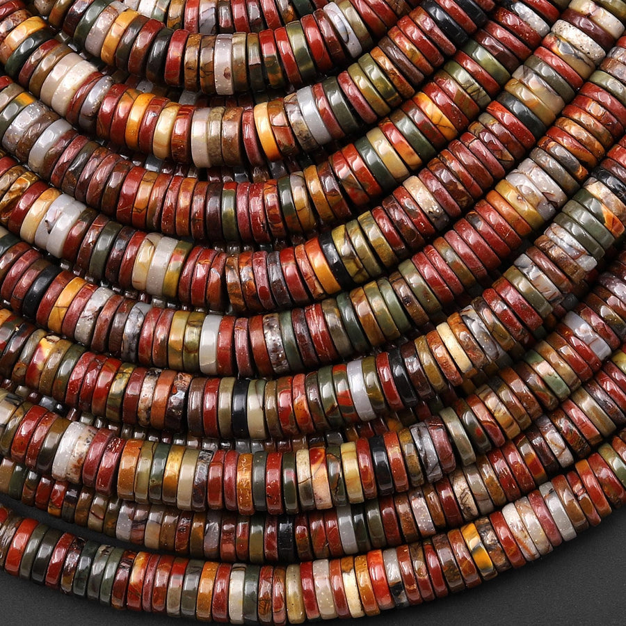 Natural Red Creek Jasper Beads 6mm Smooth Thin Heishi Rondelle Disc Aka Multicolor Picasso Jasper 15.5" Strand