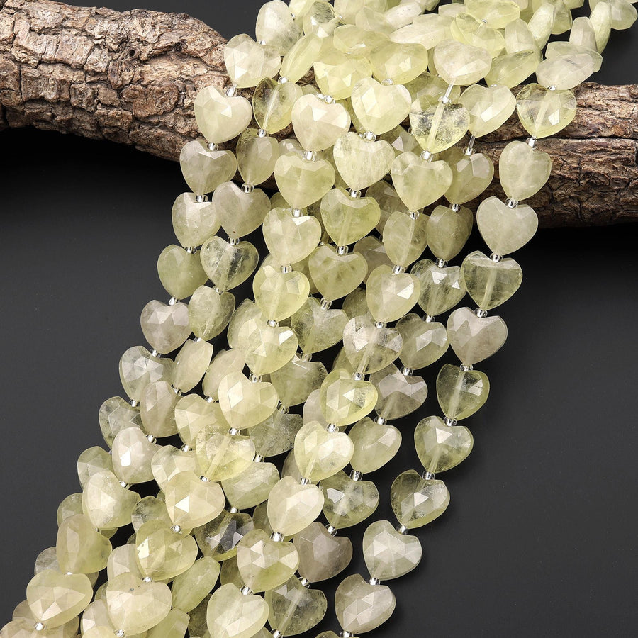Faceted Natural Lemon Quartz Heart Beads 14mm Gemstone 15" Strand