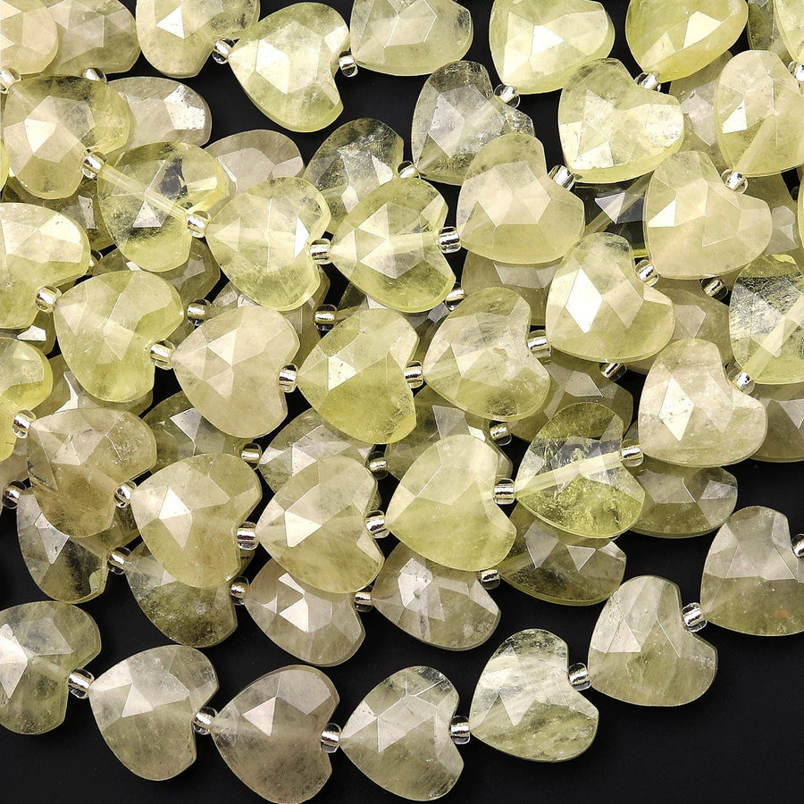 Faceted Natural Lemon Quartz Heart Beads 14mm Gemstone 15" Strand