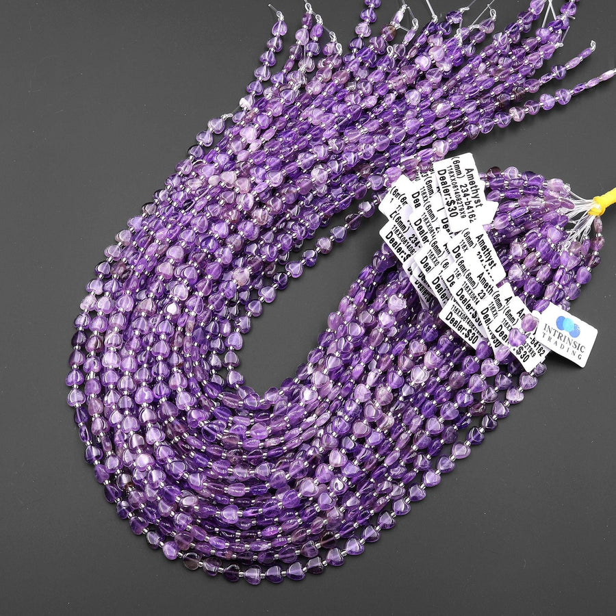 Natural Natural Purple Amethyst Carved Heart Beads 6mm Gemstone 15.5" Strand
