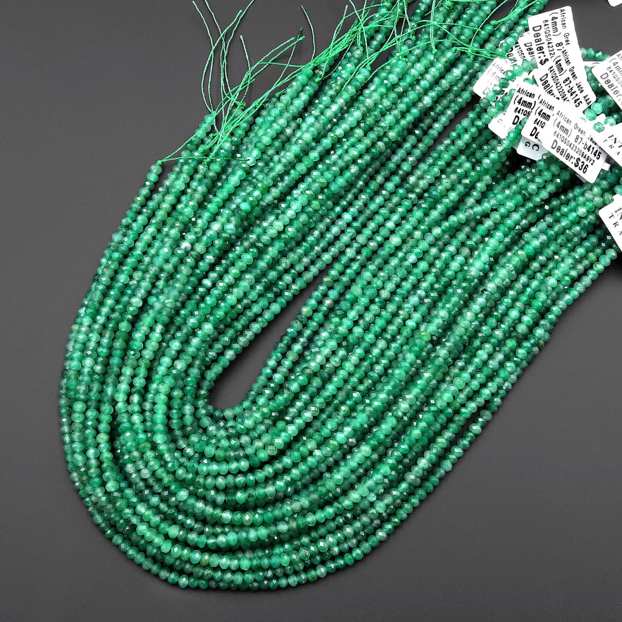 AAA Rare Translucent Faceted Natural Emerald Green African Jade 4mm Rondelle Beads Micro Cut Gemstone 15.5" Strand