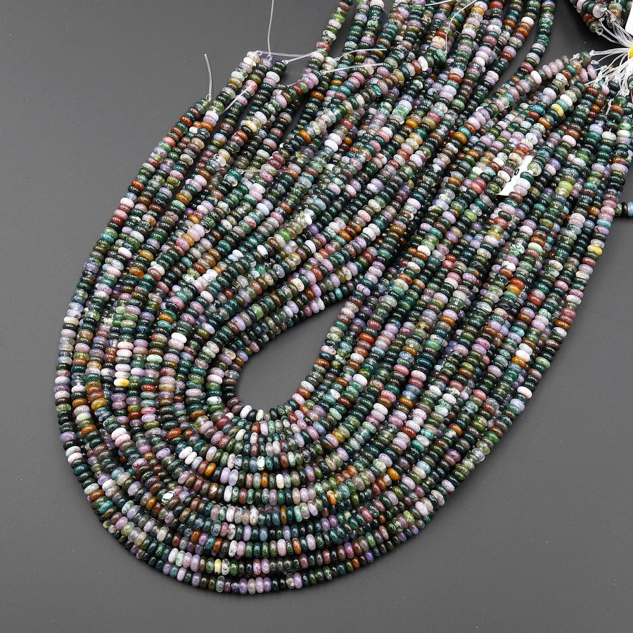 Natural Indian Agate 4mm Smooth Rondelle Beads Mauve Pink Forest Green Colors 15.5" Strand