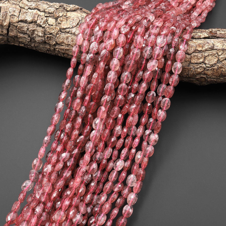 AAA Faceted Natural Strawberry Quartz Oval Beads 6x8mm 15.5" Strand