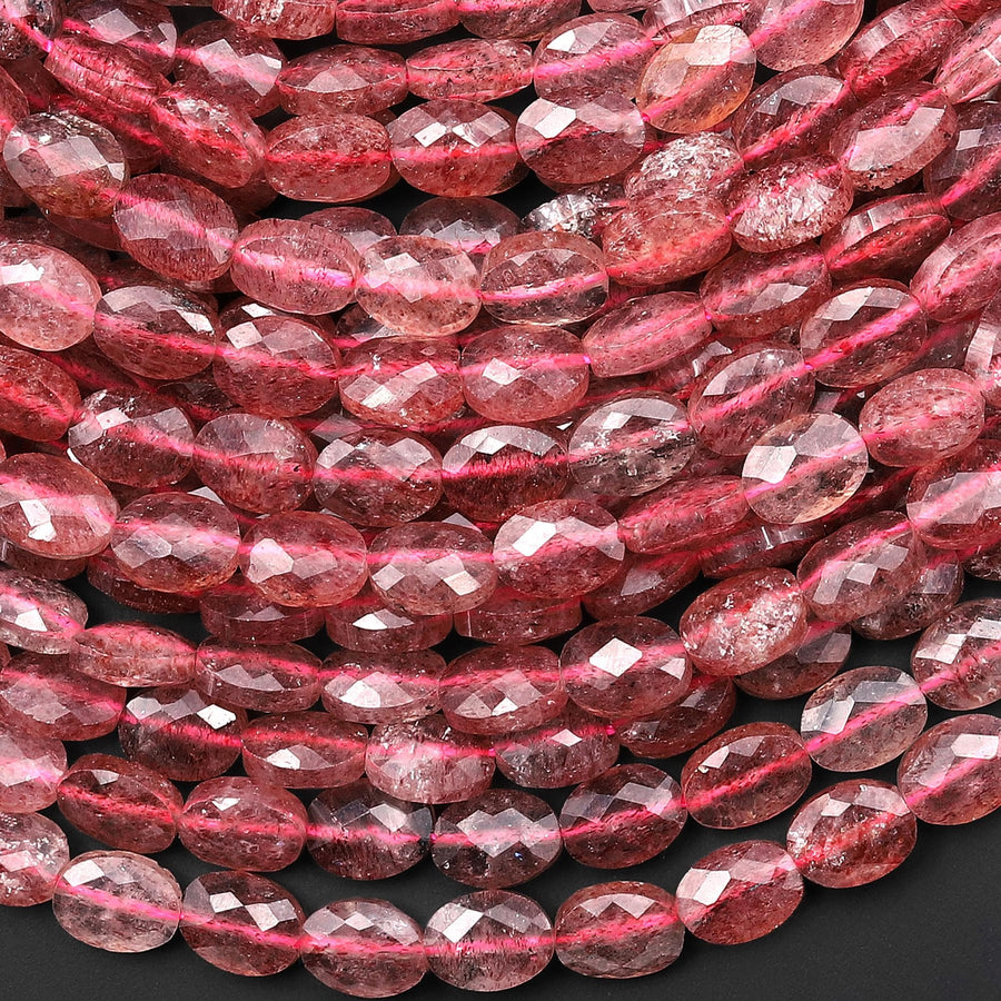 AAA Faceted Natural Strawberry Quartz Oval Beads 6x8mm 15.5" Strand