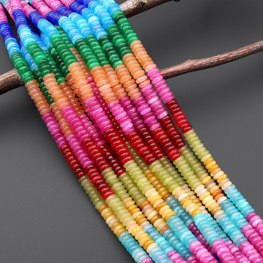 Vibrant Rainbow Multi-Color Gemstone 6mm Thin Smooth Rondelle Quartz Aventurine Beads 15.5" Strand