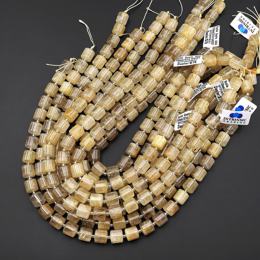 Natural Golden Rutilated Quartz Smooth Wheel Rondelle Beads Sharp Rutile Hair Needle 15.5" Strand