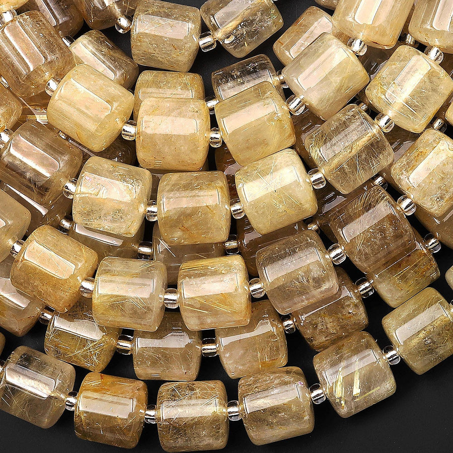 Natural Golden Rutilated Quartz Smooth Wheel Rondelle Beads Sharp Rutile Hair Needle 15.5" Strand