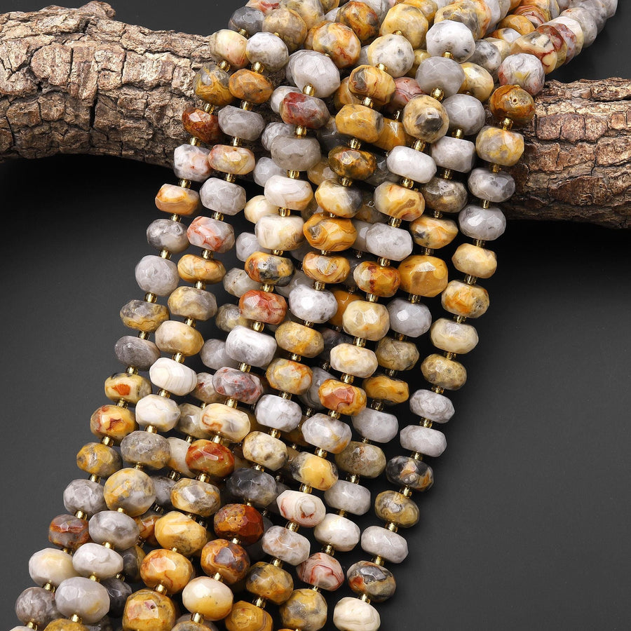 Faceted Natural Crazy Lace Agate Thick Rondelle 12mm Beads Gemstone 15.5" Strand