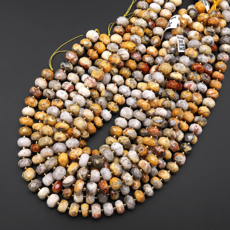 Faceted Natural Crazy Lace Agate Thick Rondelle 12mm Beads Gemstone 15.5" Strand