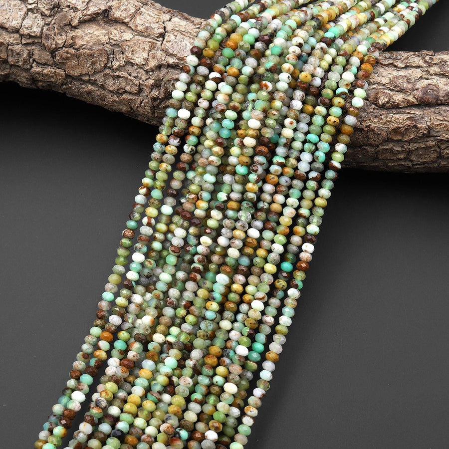 Faceted Natural Australian Green Brown Chrysoprase 3mm 4mm Rondelle Beads 15.5" Strand