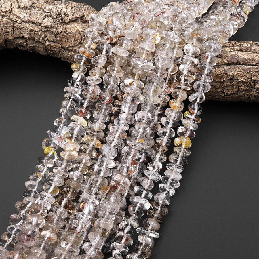 Rare Natural Golden Phantom Rock Quartz Beads Freeform Center Drilled Healing Crystal Nuggets 15.5" Strand