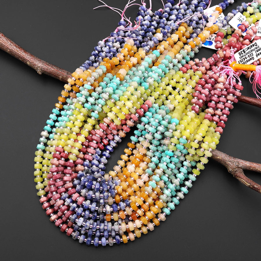 Faceted Natural Petrified Rhodonite Lemon Jade Amazonite Yellow Aventurine Blue Sodalite Beads 6mm hexagon Heishi Rondelle 15.5" Strand