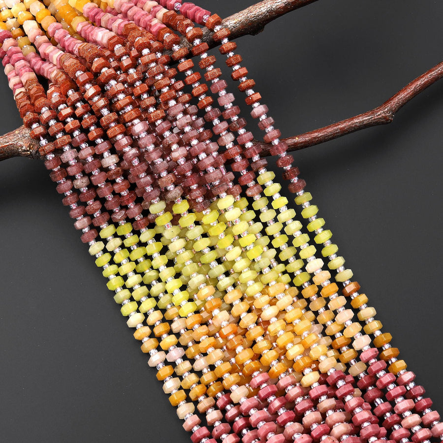 Faceted Natural Lemon Jade Yellow Aventurine Petrified Rhodonite Strawberry Quartz Goldstone Beads 6mm hexagon Heishi Rondelle 15.5" Strand