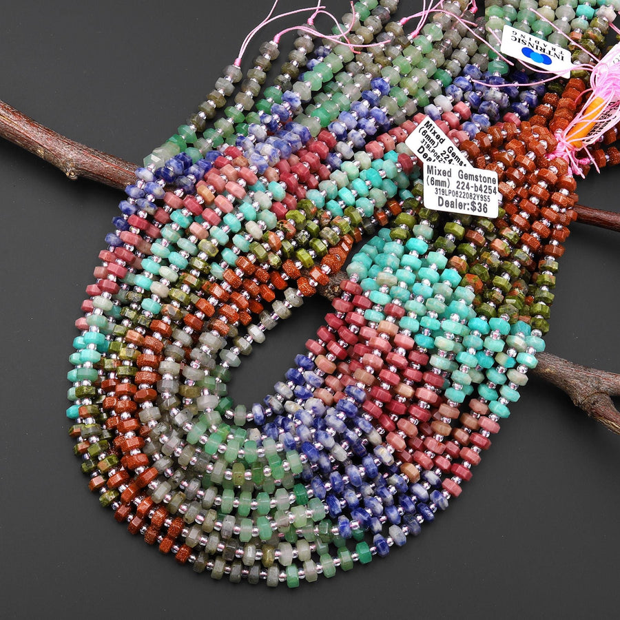 Faceted Natural Unakite Petrified Rhodonite Amazonite Green Aventurine Sodalite Labradorite Beads 6mm hexagon Heishi Rondelle 15.5" Strand