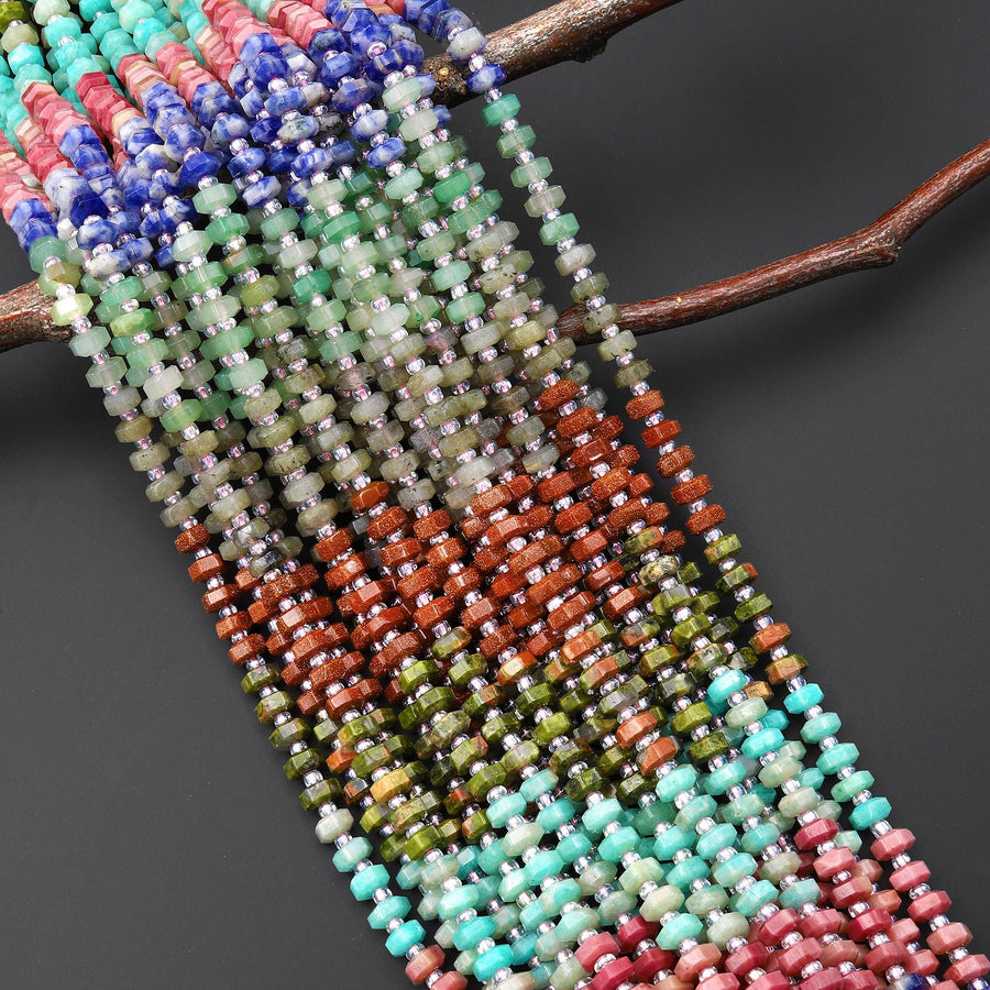 Faceted Natural Unakite Petrified Rhodonite Amazonite Green Aventurine Sodalite Labradorite Beads 6mm hexagon Heishi Rondelle 15.5" Strand