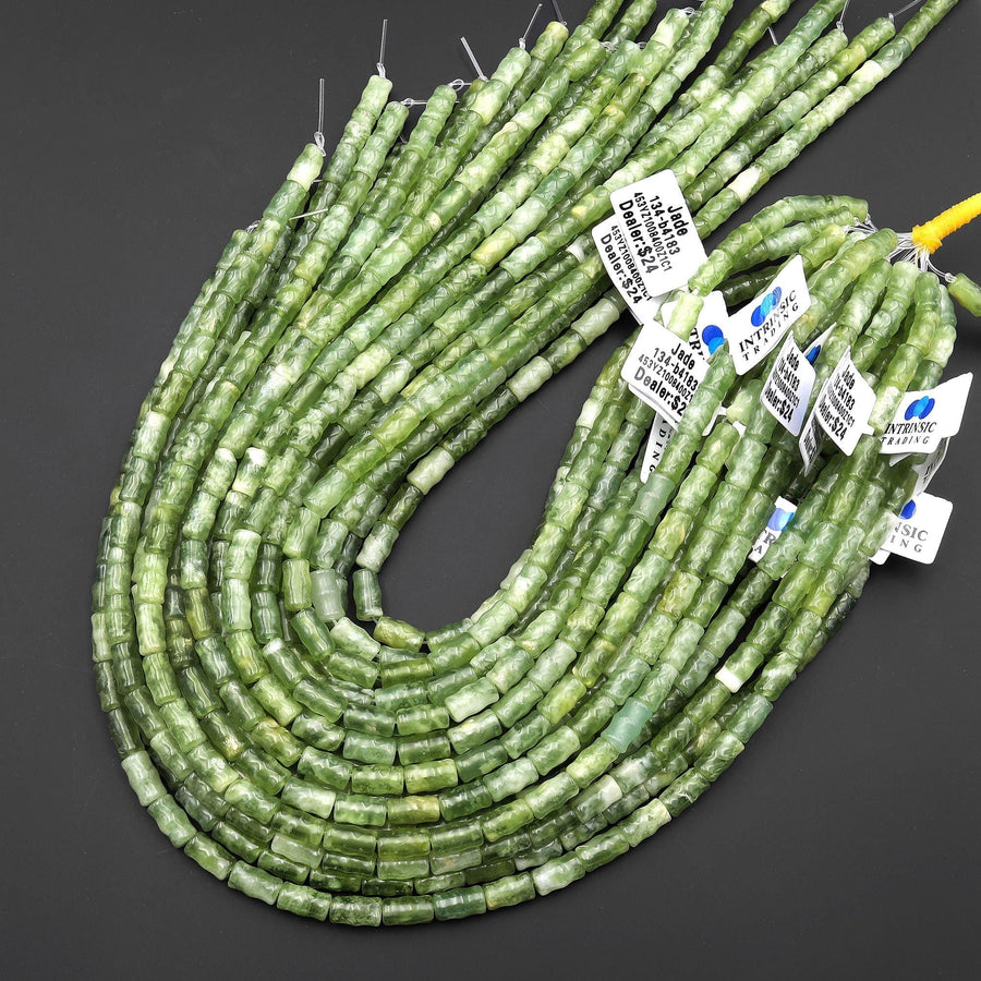 AAA Natural Celadon Green Jade Beads Smooth Rippled Tube 6x10mm 15.5" Strand