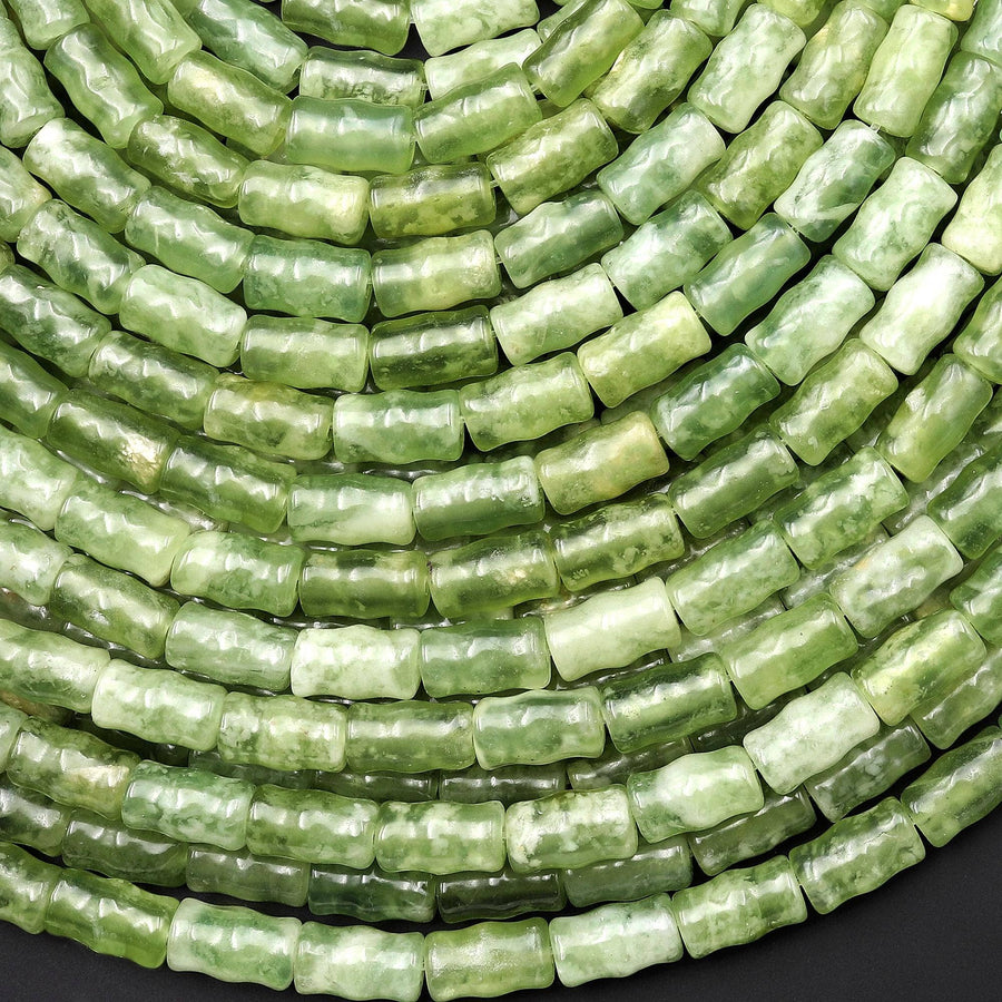 AAA Natural Celadon Green Jade Beads Smooth Rippled Tube 6x10mm 15.5" Strand