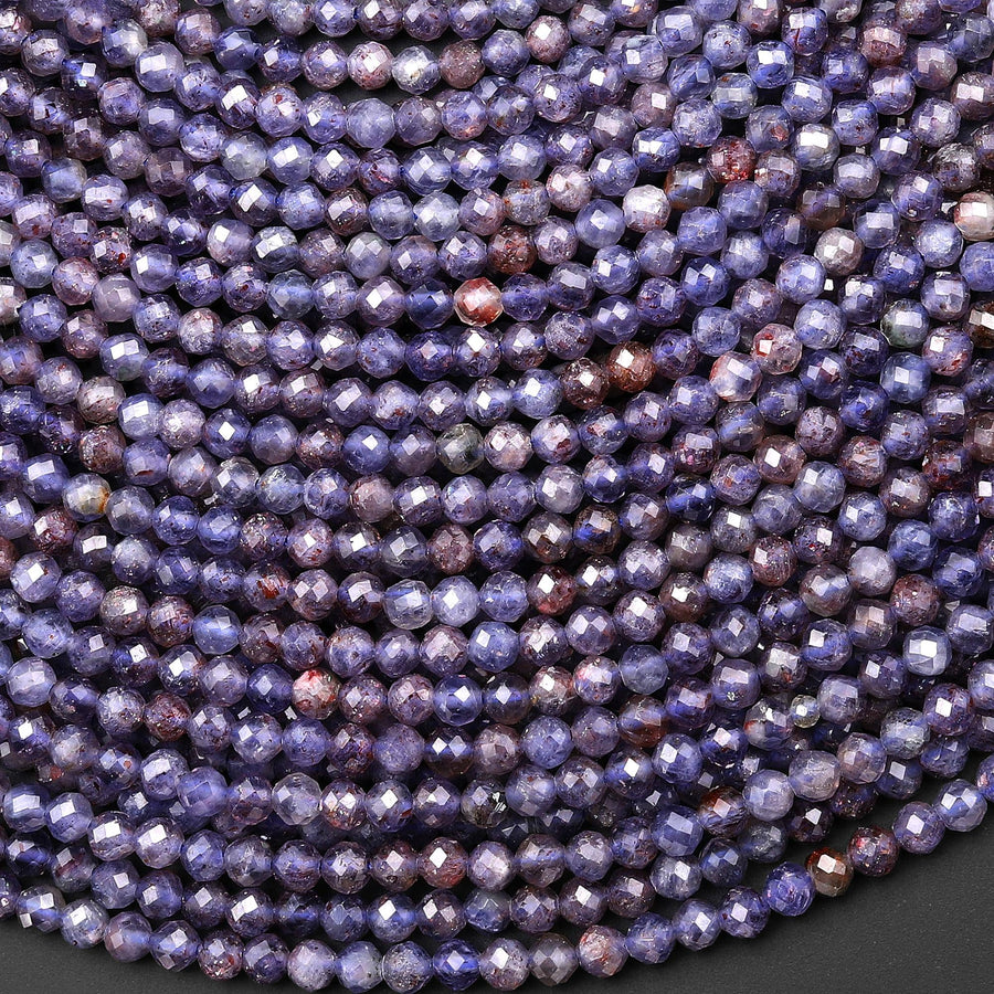 Rare Faceted Natural Sunstone Iolite 3mm 4mm Round Gemstone Beads 15.5" Strand