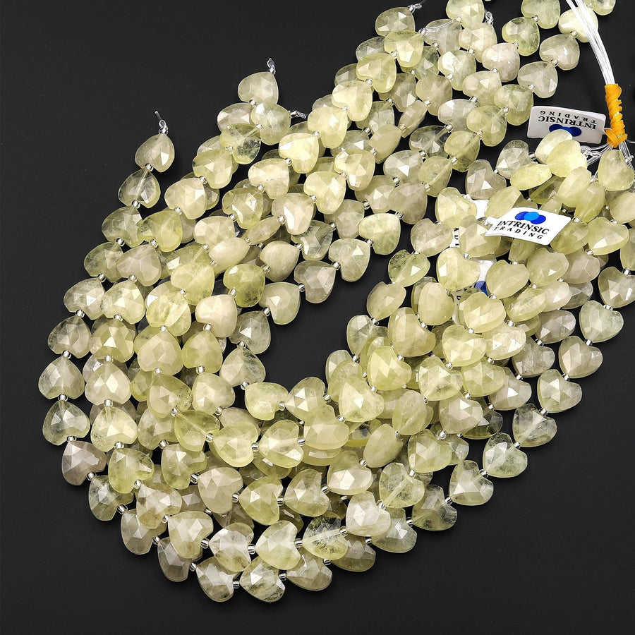 Faceted Natural Lemon Quartz Heart Beads 14mm Gemstone 15" Strand