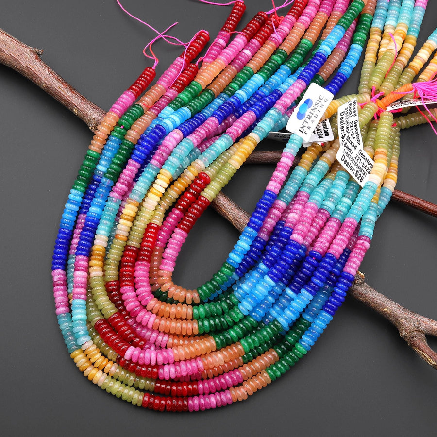 Vibrant Rainbow Multi-Color Gemstone 6mm Thin Smooth Rondelle Quartz Aventurine Beads 15.5" Strand