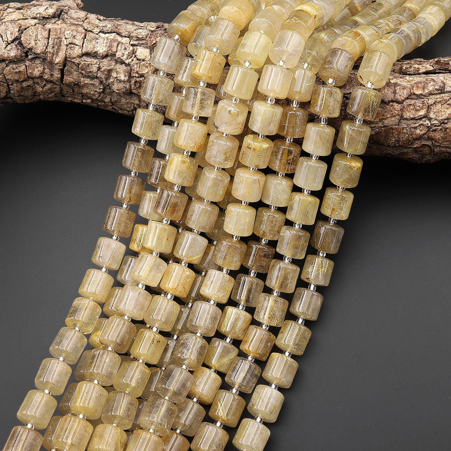 Natural Golden Rutilated Quartz Smooth Wheel Rondelle Beads Sharp Rutile Hair Needle 15.5" Strand