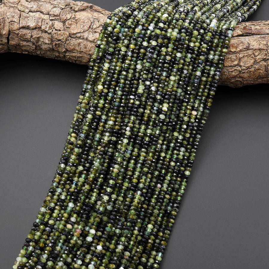 Faceted Natural Green Tourmaline 3mm 4mm Rondelle Beads Diamond Cut Gemstone 15.5" Strand