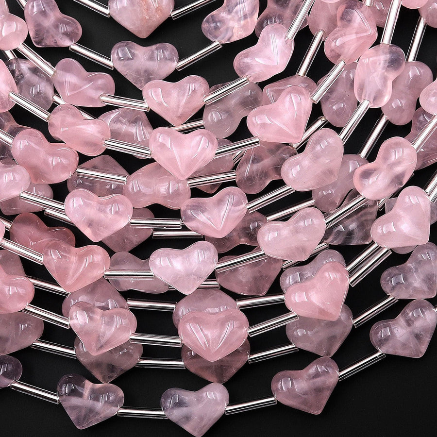 Natural Pink Rose Quartz Beads Gemstone Puffy Heart Veristically Drilled 15.5" Strand