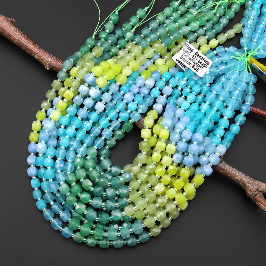 Aqua & Meadow Blend ~ Mixed Gemstones Faceted 6mm Cube Beads Multicolor Jade Aventurine Chalcedony 15.5" Strand
