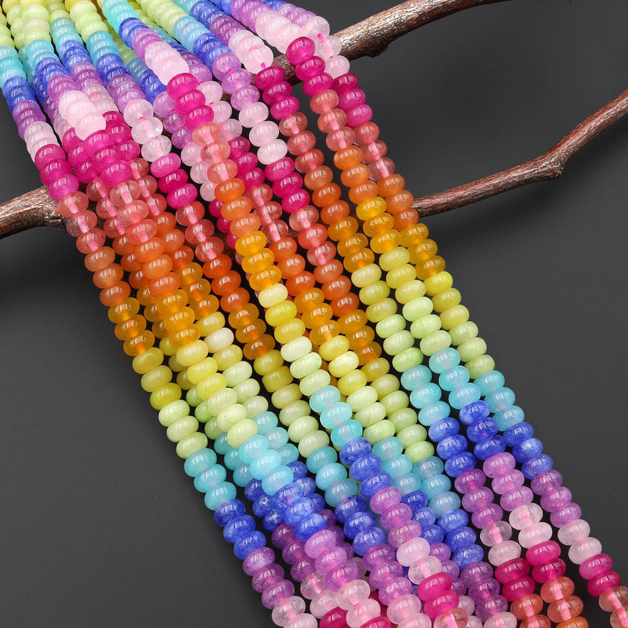 Candy Rainbow Collection ~ Mixed Gemstones Smooth 8mm Rondelle Beads Multicolor Jade Bubblegum Pink Blue Lavender Green Orange 15.5" Strand