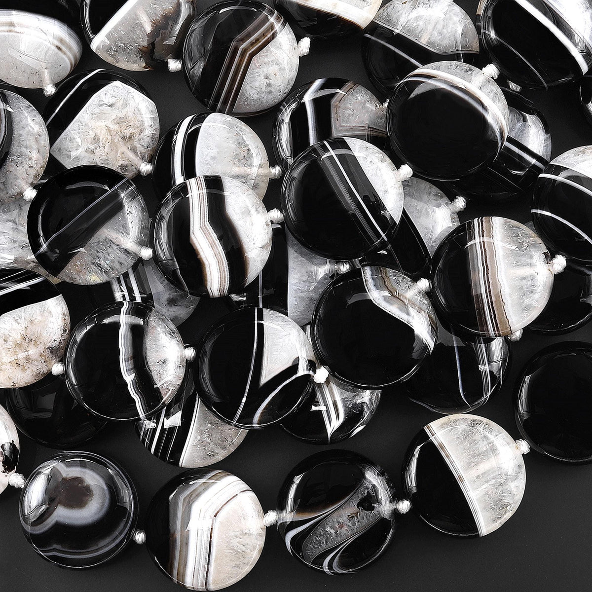 AAA Natural Black Tuxedo Agate Smooth Coin Beads W/ White Quartz