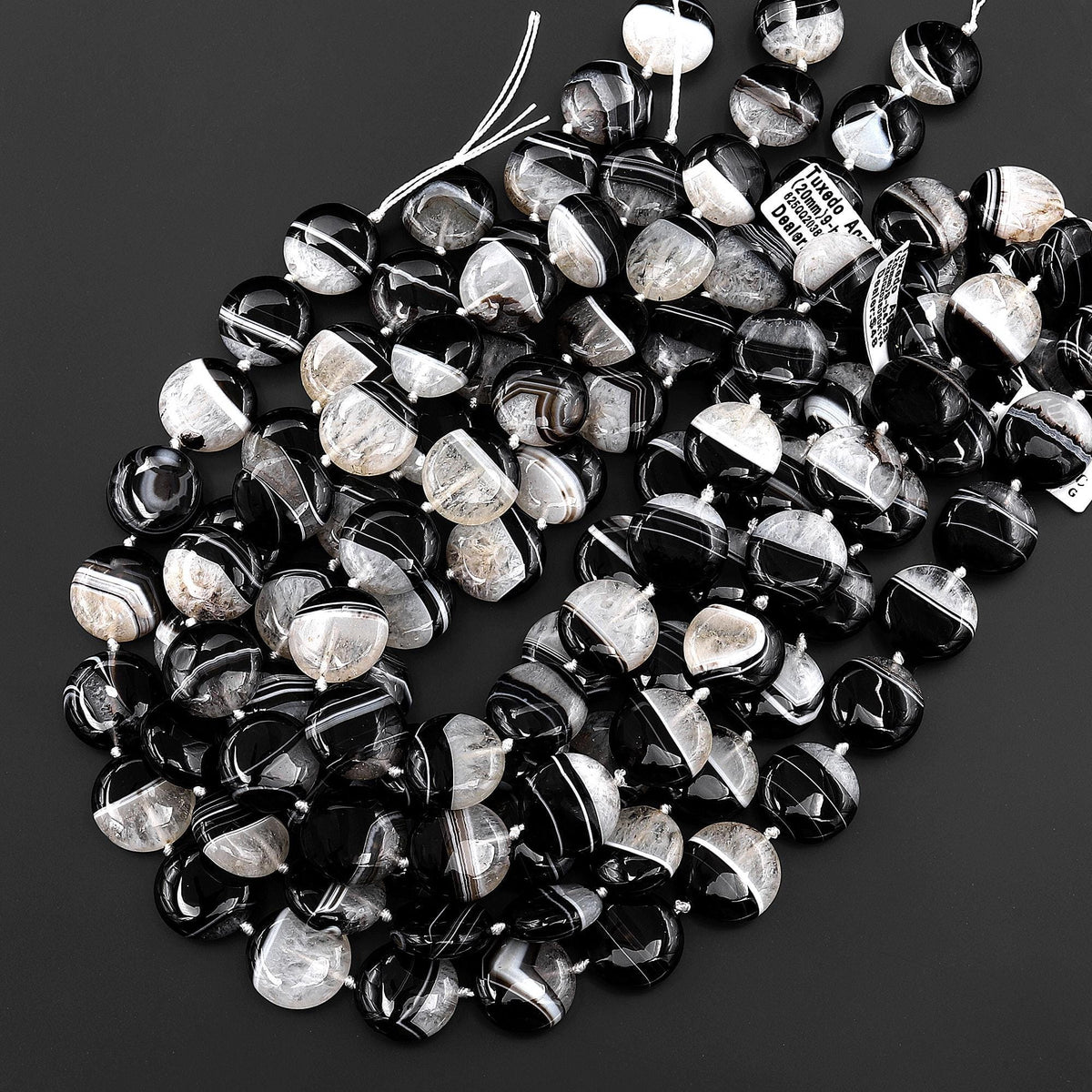 AAA Natural Black Tuxedo Agate Smooth Coin Beads W/ White Quartz