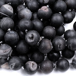 Matte Natural Black Druzy Agate 12mm 14mm 16mm 18mm Round Beads With White Quartz Druzy Crystal Cave 15.5" Strand