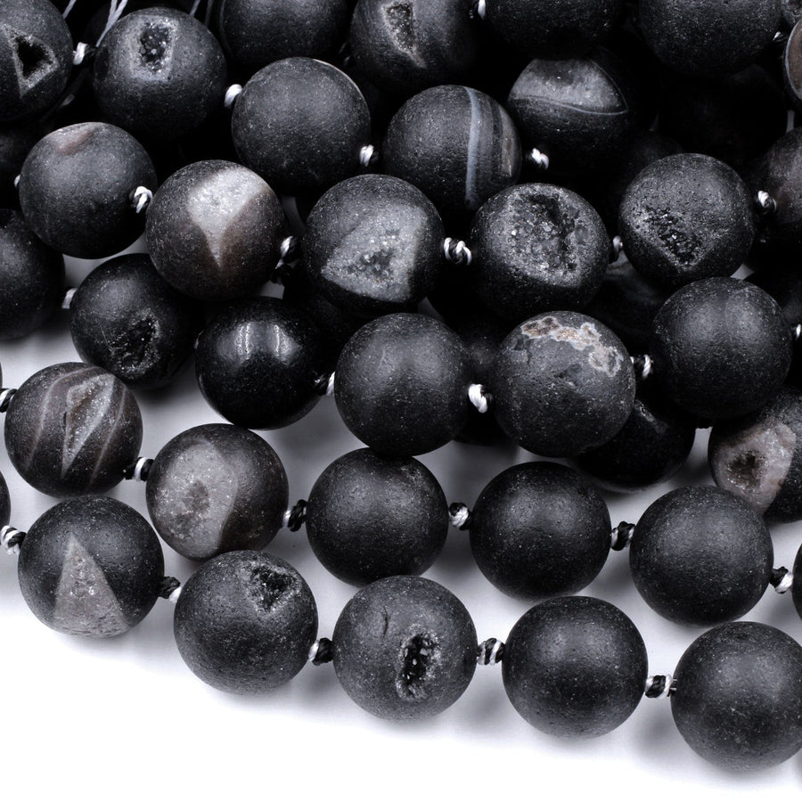 Matte Natural Black Druzy Agate 12mm 14mm 16mm 18mm Round Beads With White Quartz Druzy Crystal Cave 15.5" Strand