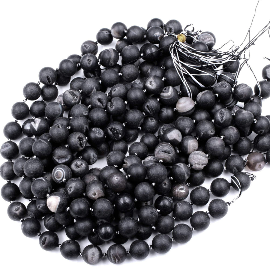 Matte Natural Black Druzy Agate 12mm 14mm 16mm 18mm Round Beads With White Quartz Druzy Crystal Cave 15.5" Strand