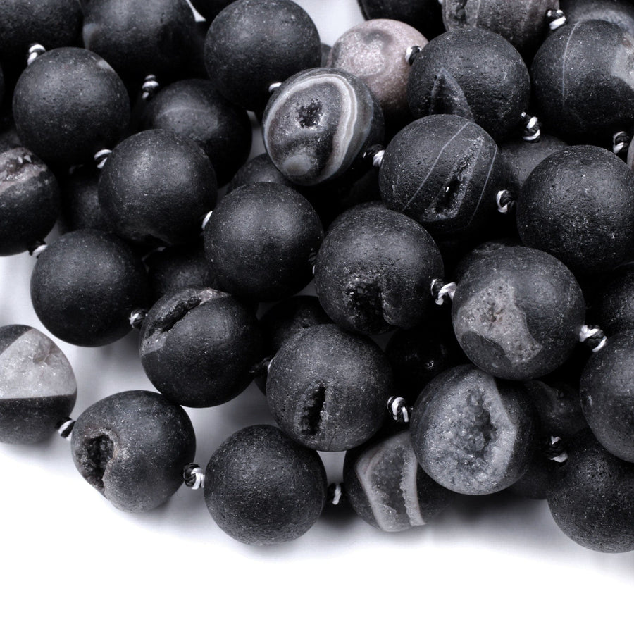 Matte Natural Black Druzy Agate 12mm 14mm 16mm 18mm Round Beads With White Quartz Druzy Crystal Cave 15.5" Strand