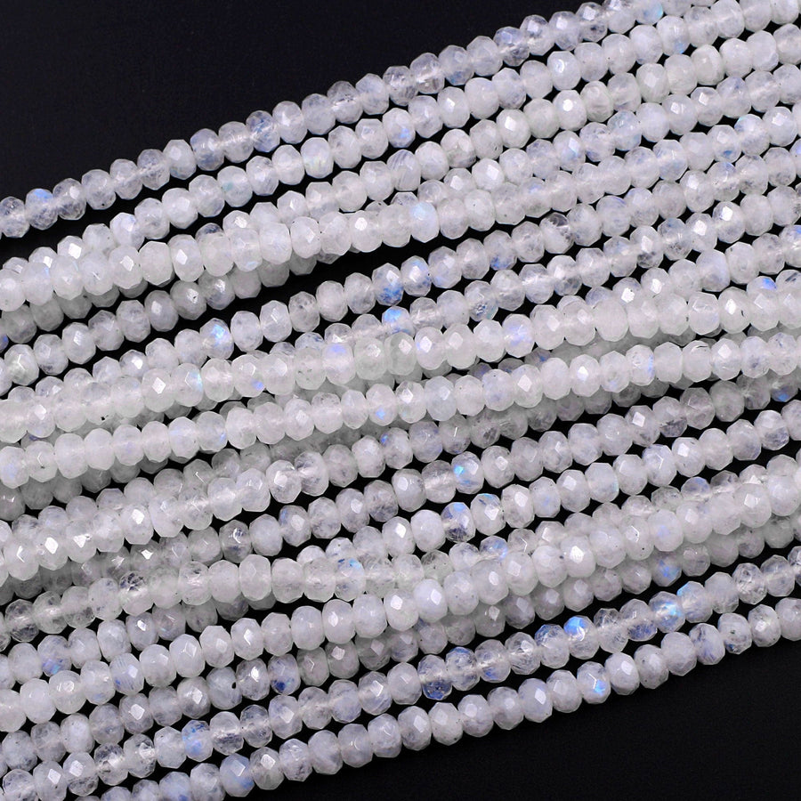 Natural Rainbow Moonstone Faceted Rondelle Beads 3mm 4mm 5mm 6mm 8mm High Quality Flashy Blue Moonstone Gemstone 15.5" Strand