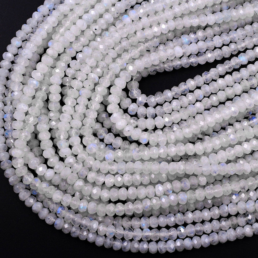Natural Rainbow Moonstone Faceted Rondelle Beads 3mm 4mm 5mm 6mm 8mm High Quality Flashy Blue Moonstone Gemstone 15.5" Strand
