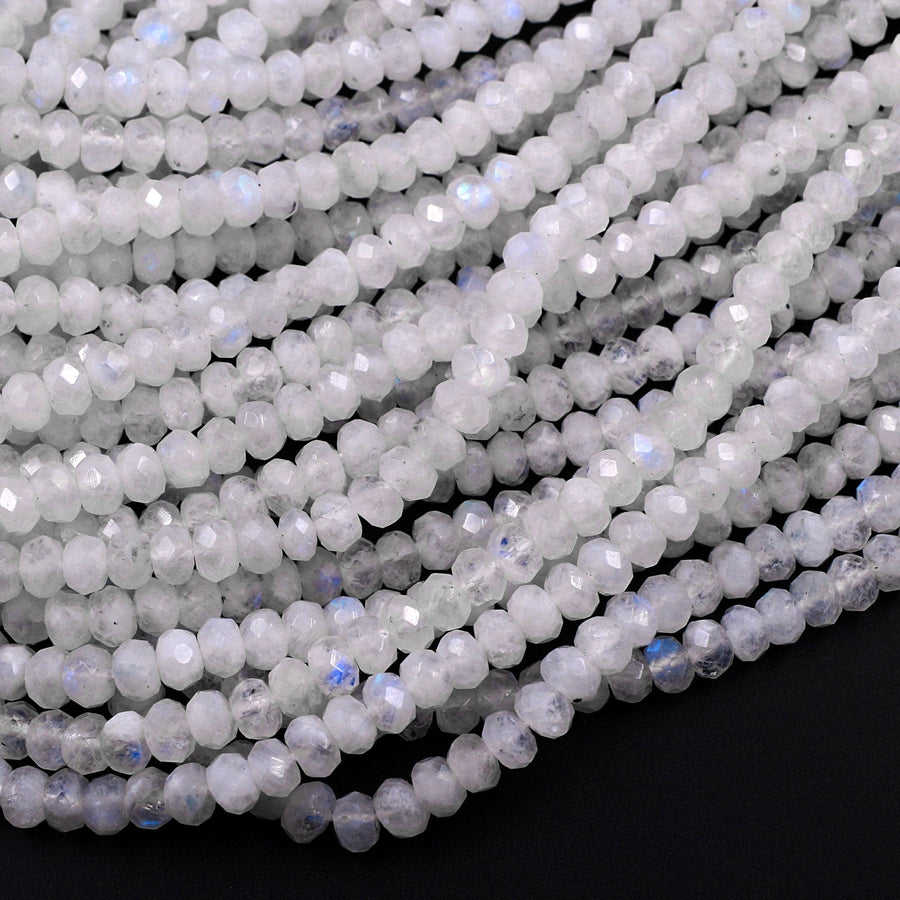 Natural Rainbow Moonstone Faceted Rondelle Beads 3mm 4mm 5mm 6mm 8mm High Quality Flashy Blue Moonstone Gemstone 15.5" Strand